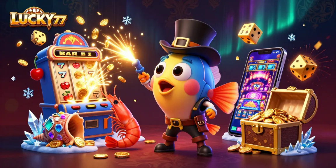 LUCKY77 showcases a thrilling casino scene with vibrant characters and dynamic slot machine elements.