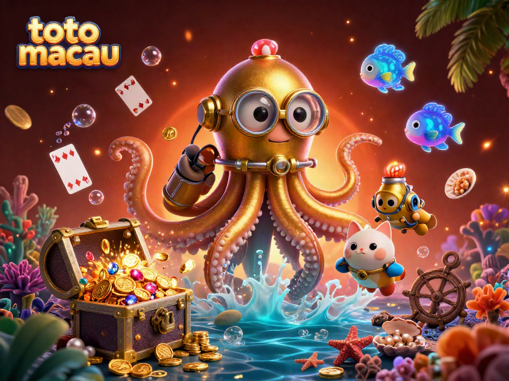 Memenangkan permainan toto macau dengan keberuntungan saat melihat ikonik kraken dan kucing penyelam dalam ilustrasi 3D.