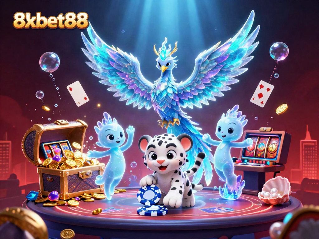 Engaging scene of 8xbet88's ice phoenix, snow leopard, and poker chip amidst casino elements.