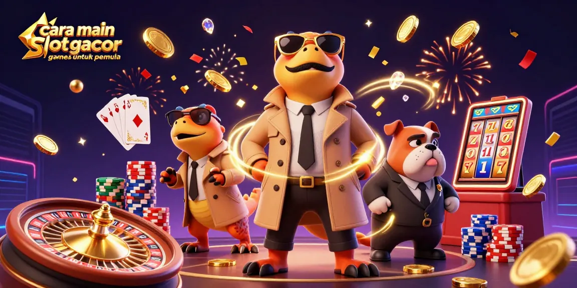 Experience cara main slot gacor games untuk pemula in a vibrant, engaging casino setting with entertaining characters.