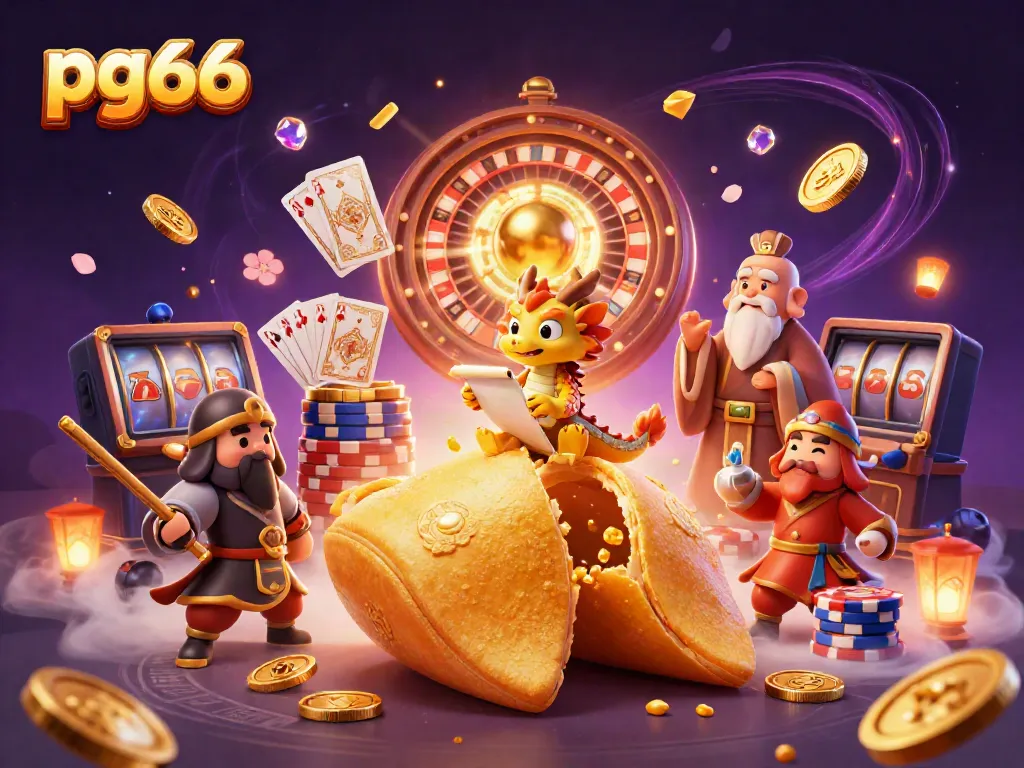 Engage with pg66's vibrant 3D illustration showcasing exciting casino elements like golden coins and roulette wheels.