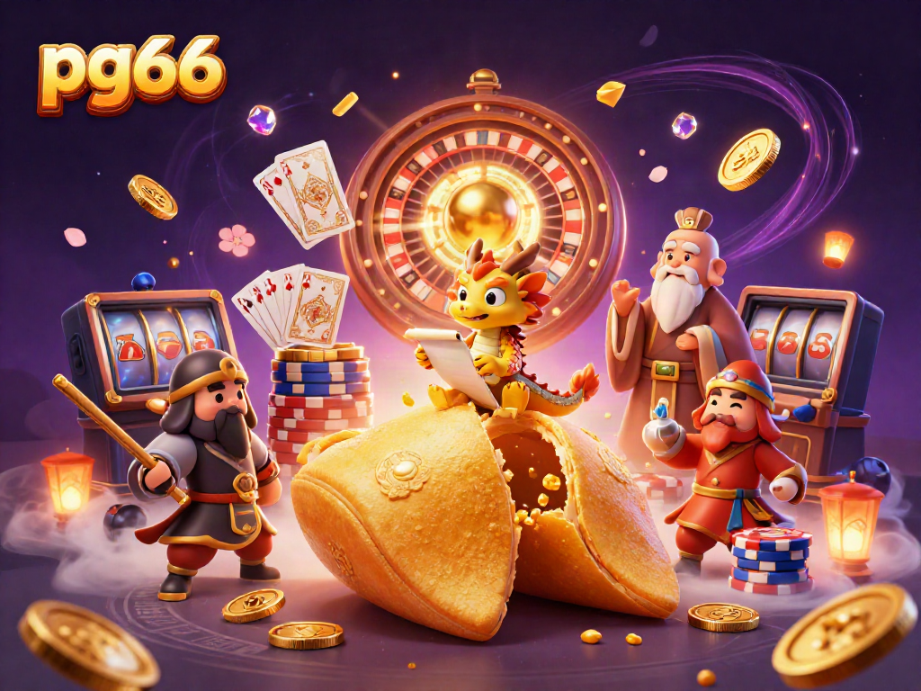 Engage with pg66's vibrant 3D illustration showcasing exciting casino elements like golden coins and roulette wheels.
