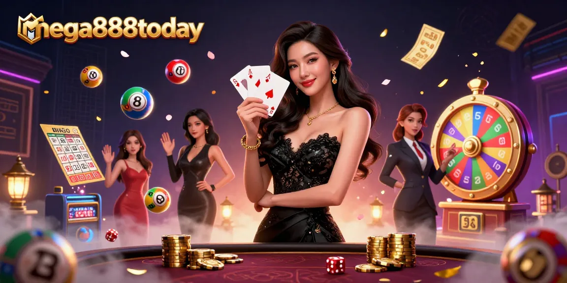 Play winning games at mega888today with an elegant Asian woman holding aces in a vibrant casino scene.
