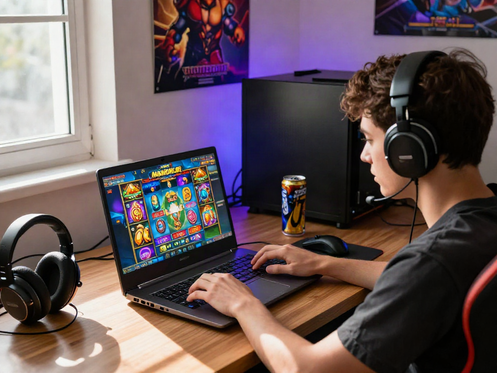 Exciting gaming setup with Slot MAHJONGJP88 displayed on laptop screen, reflecting vibrant visuals and engaging atmosphere.