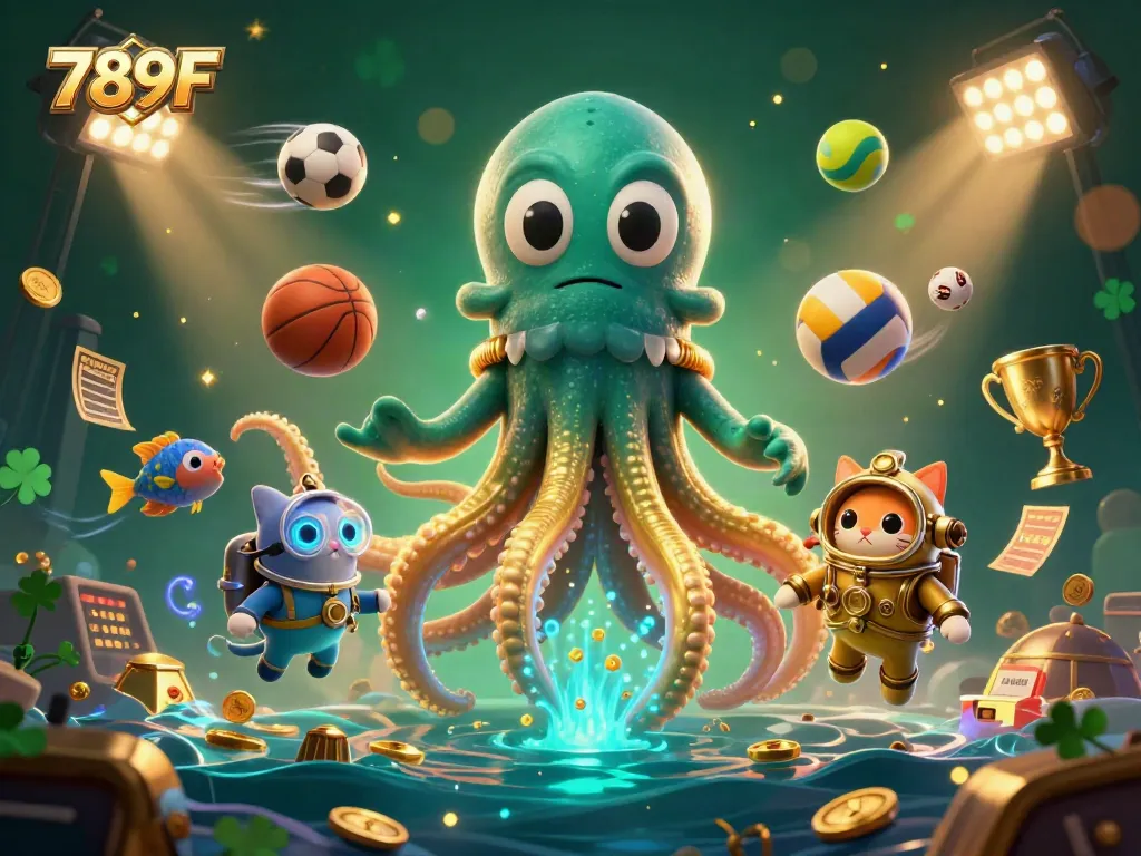Engage with 789F's dynamic gaming action featuring a colossal kraken, diving cat and gold coins.