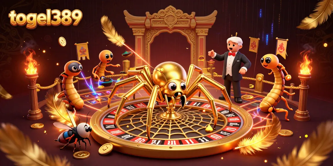 Engage with togel389 as a golden spider spins a roulette wheel web while a centipede croupier manages bets.