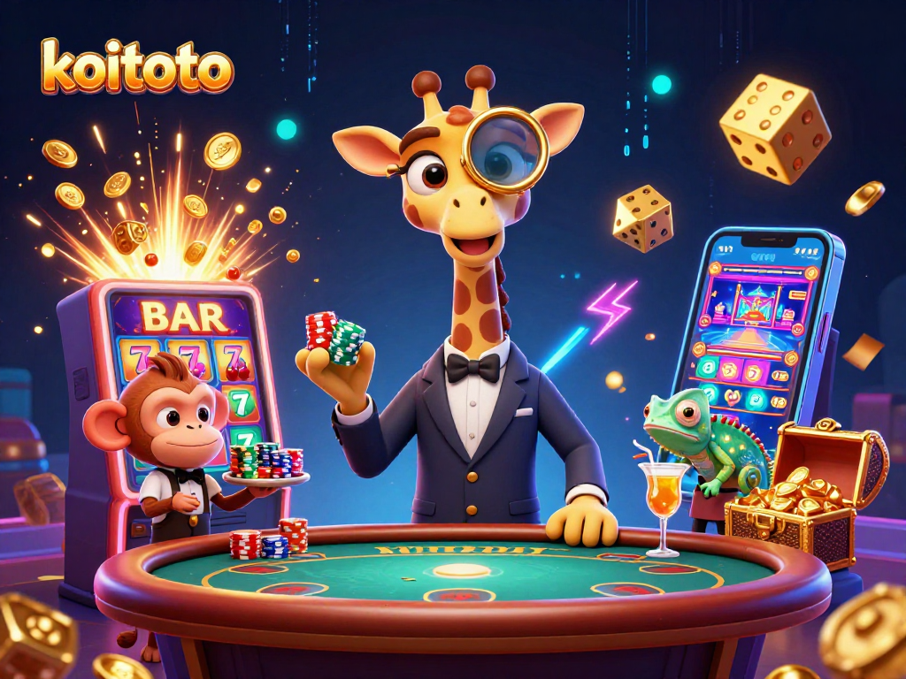 Koitoto menciptakan suasana kasino dengan jerapah pemegang poker dan valet monyet yang menyajikan chip.
