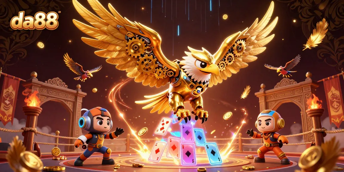Join the thrilling da88 adventure with the cybernetic eagle amidst holographic playing cards.