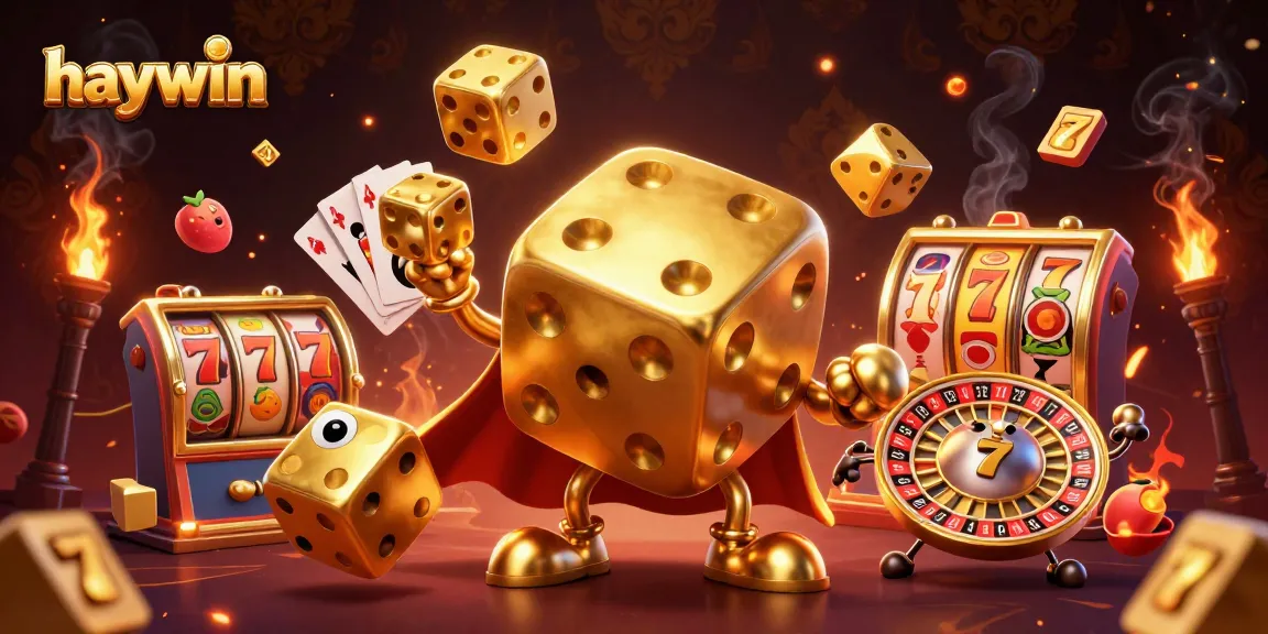 Experience the excitement of haywin casino through a dynamic 3D illustration of golden dice and vibrant slot elements.