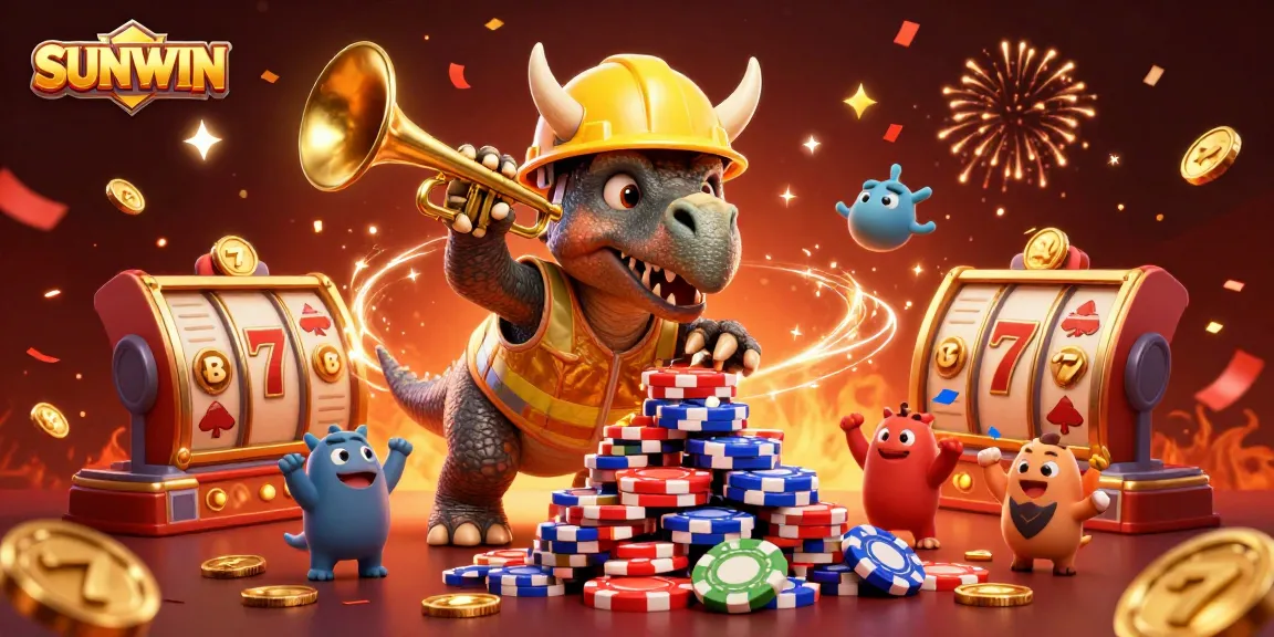 SUNWIN celebrates with cartoon dinosaurs constructing poker chip pyramids amidst festive casino elements.