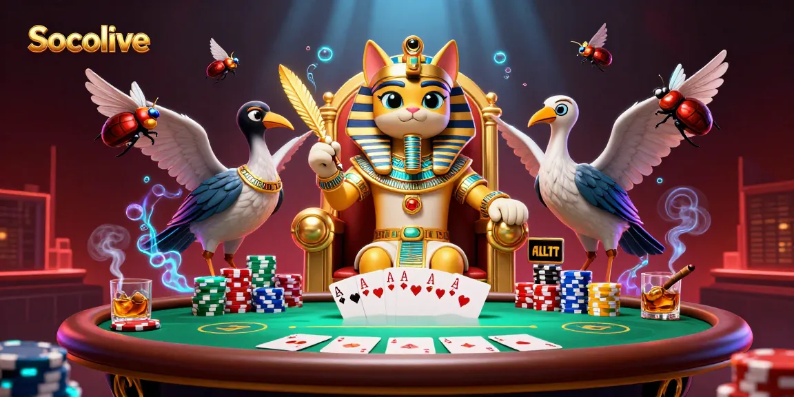 Socolive showcases a dynamic gambling scene with a pharaoh cat and vibrant elements.