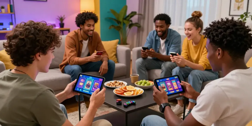 Friends playing Yono Arcade on mobile, vibrant living room atmosphere.