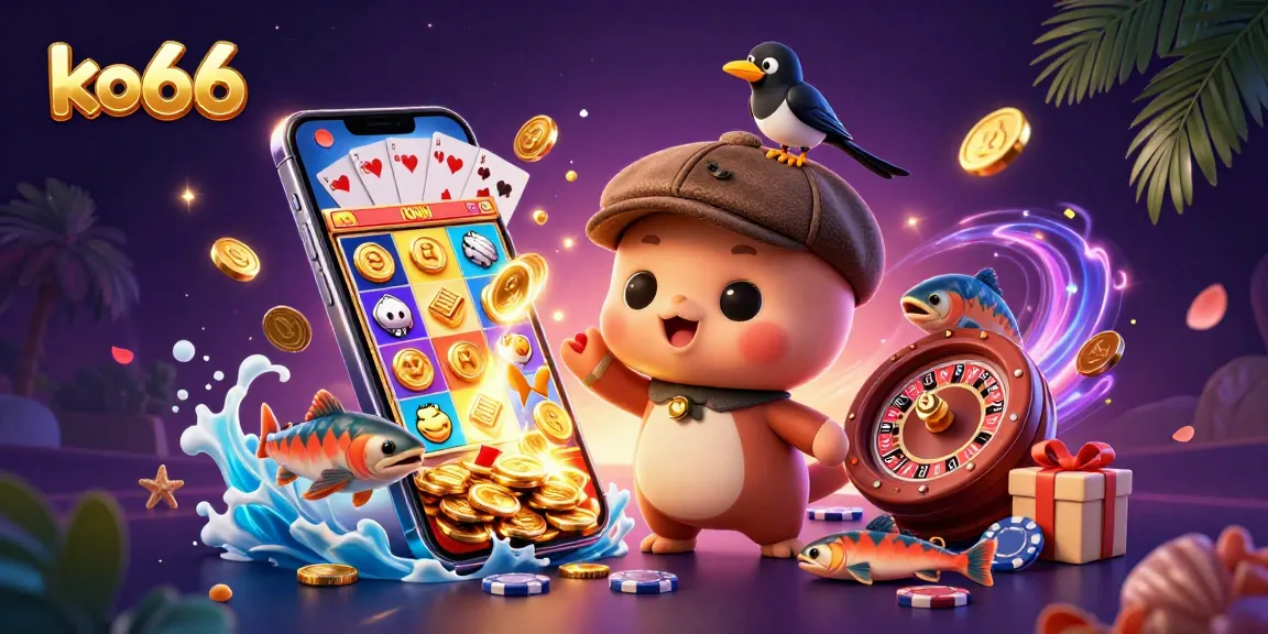 Experience thrilling slot games at ko66 with charming characters and vibrant casino elements.