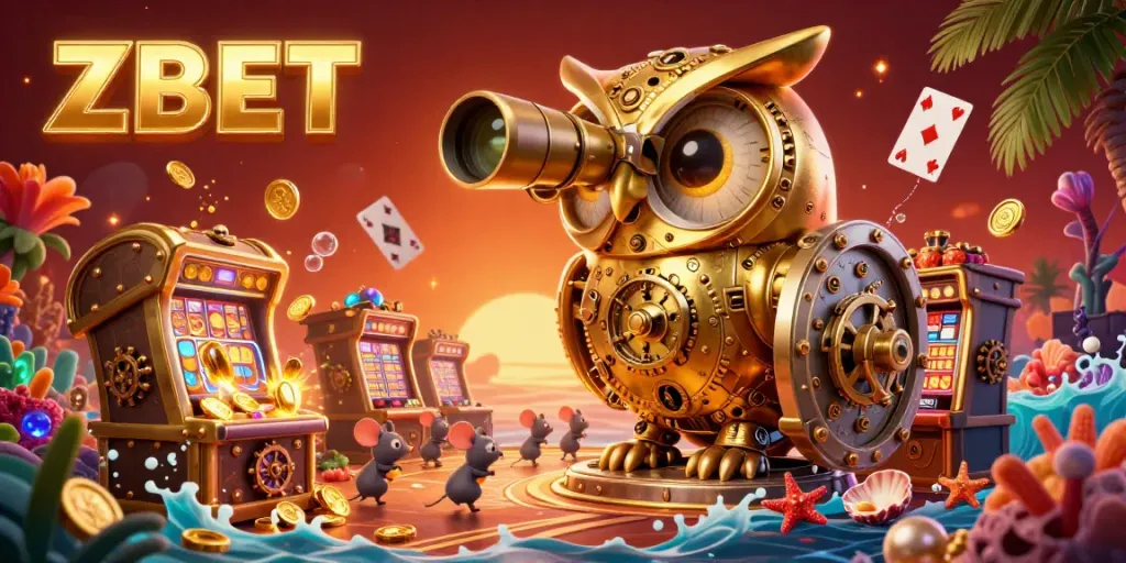 ZBET illuminates the casino floor as an owl surveys action amid vibrant slots and treasure-filled scenes.