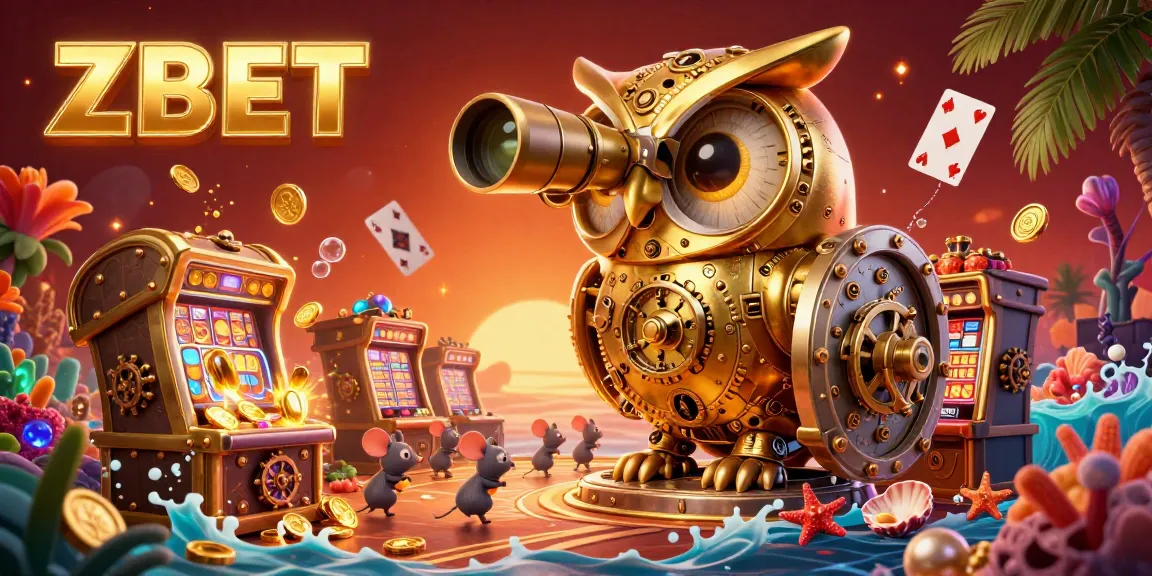 ZBET illuminates the casino floor as an owl surveys action amid vibrant slots and treasure-filled scenes.