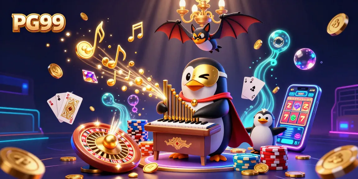 Experience the excitement of PG99 as a phantom penguin plays a winning organ surrounded by gold coins and casino elements.
