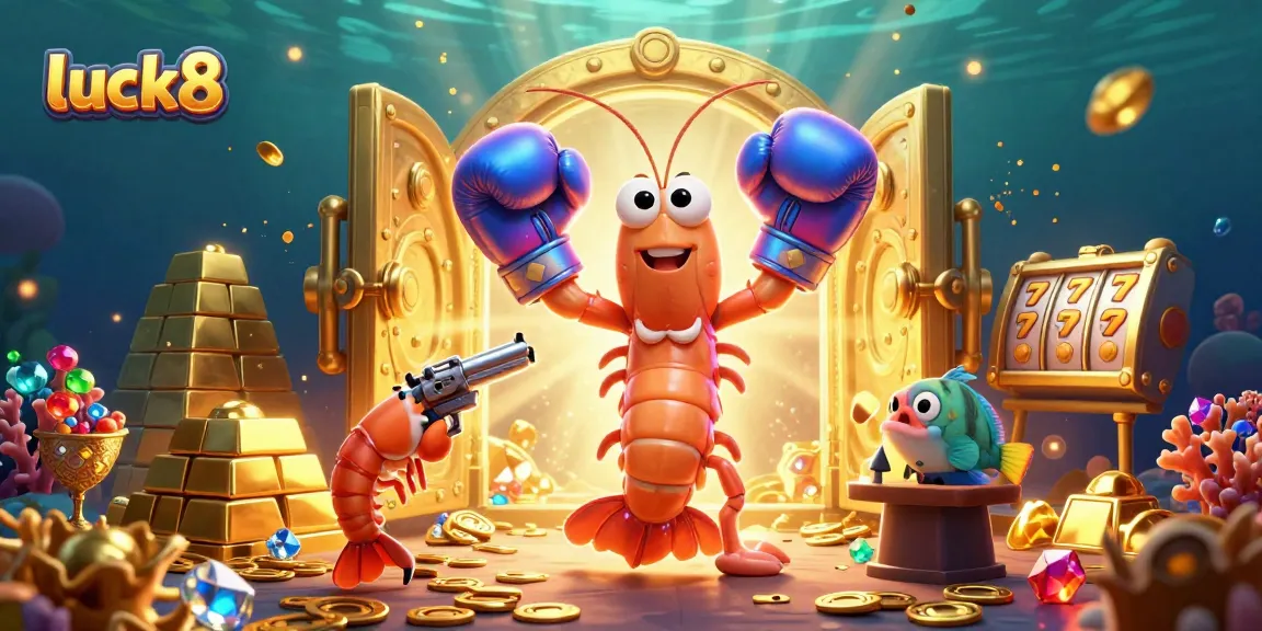 luck8 showcases vibrant underwater casino scene featuring cartoon mantis shrimp and slot elements.