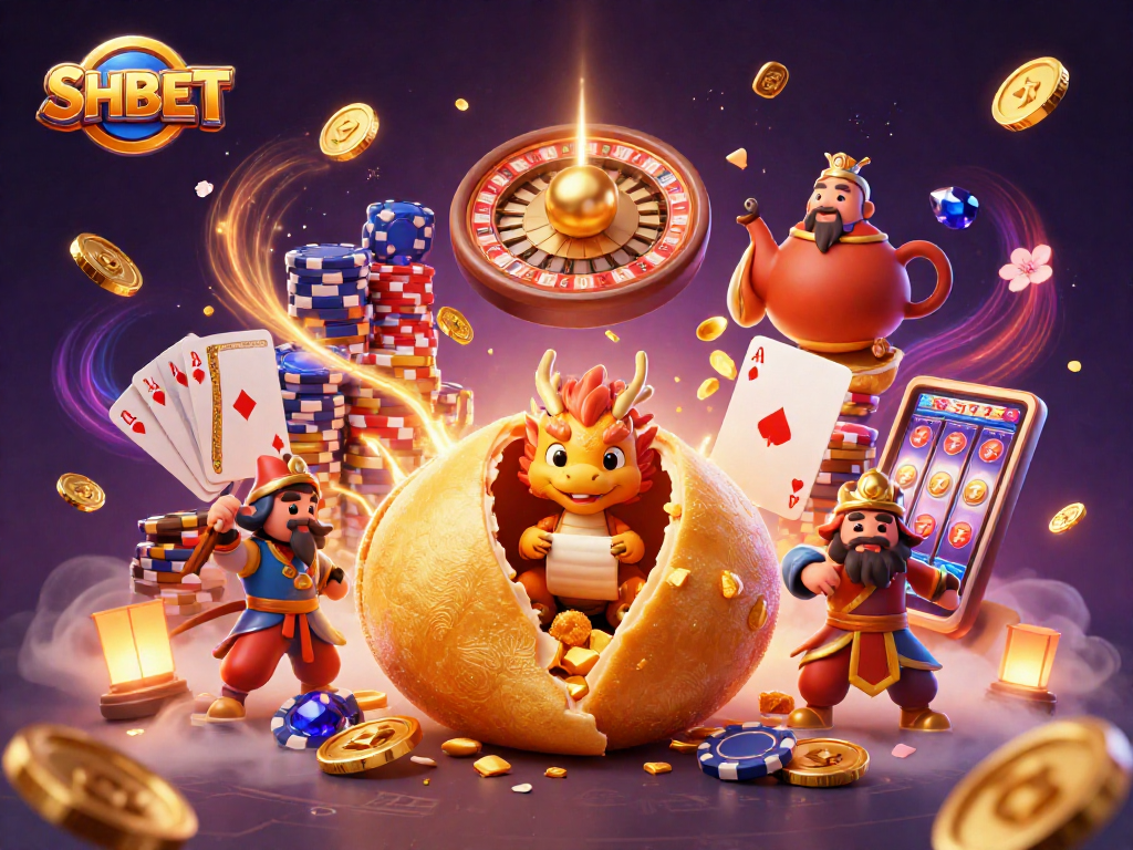 Win big at SHBET with an enchanting 3D illustration featuring golden fortunes and dynamic casino games.