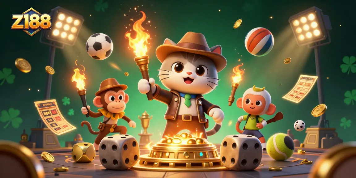 Engage in thrilling games at z188 as a fun-loving cat archaeologist uncovers golden artifacts in a colorful casino.