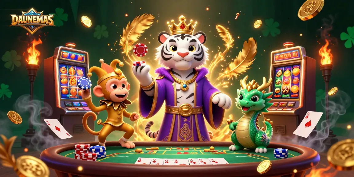 Engage in thrilling gameplay with DAUNEMAS featuring a royal tiger and energetic characters