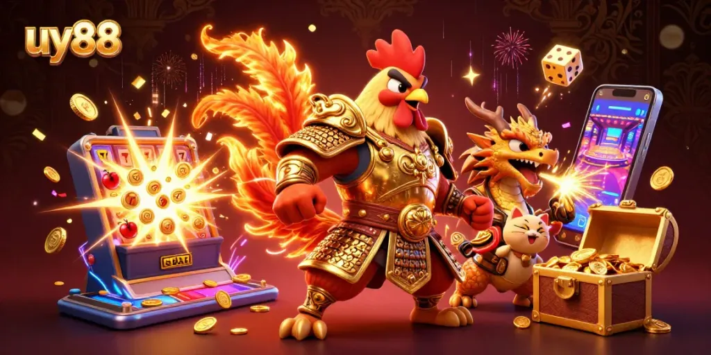 Spin the reels with uy88 at an electrifying casino scene featuring vibrant characters and stunning visuals.