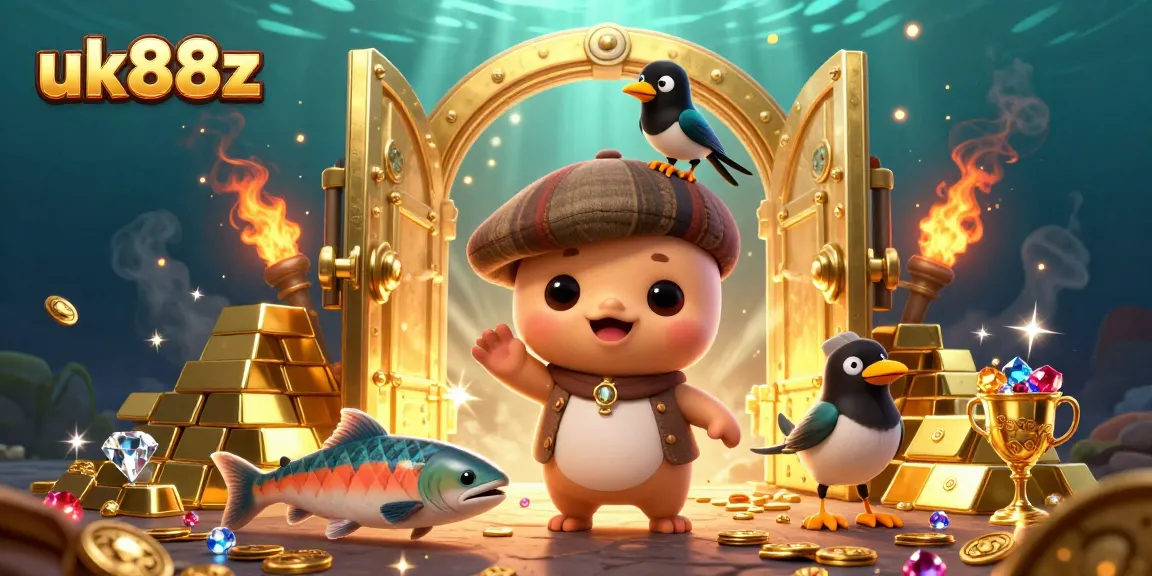 Win big with uk88z in this vibrant casino scene featuring playful characters and treasure.