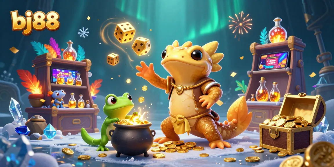 Experience the thrill of bj88 with a dynamic scene of alchemists, coins, and exciting gaming elements.