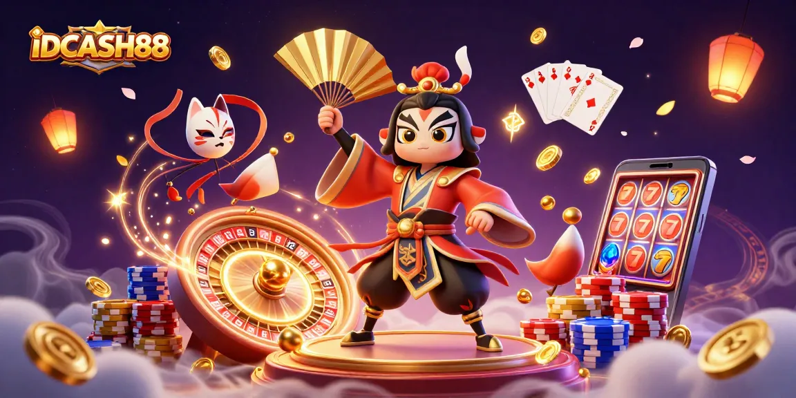 Spin to win at IDCASH88 with vibrant 3D illustration featuring kabuki warrior and casino elements.