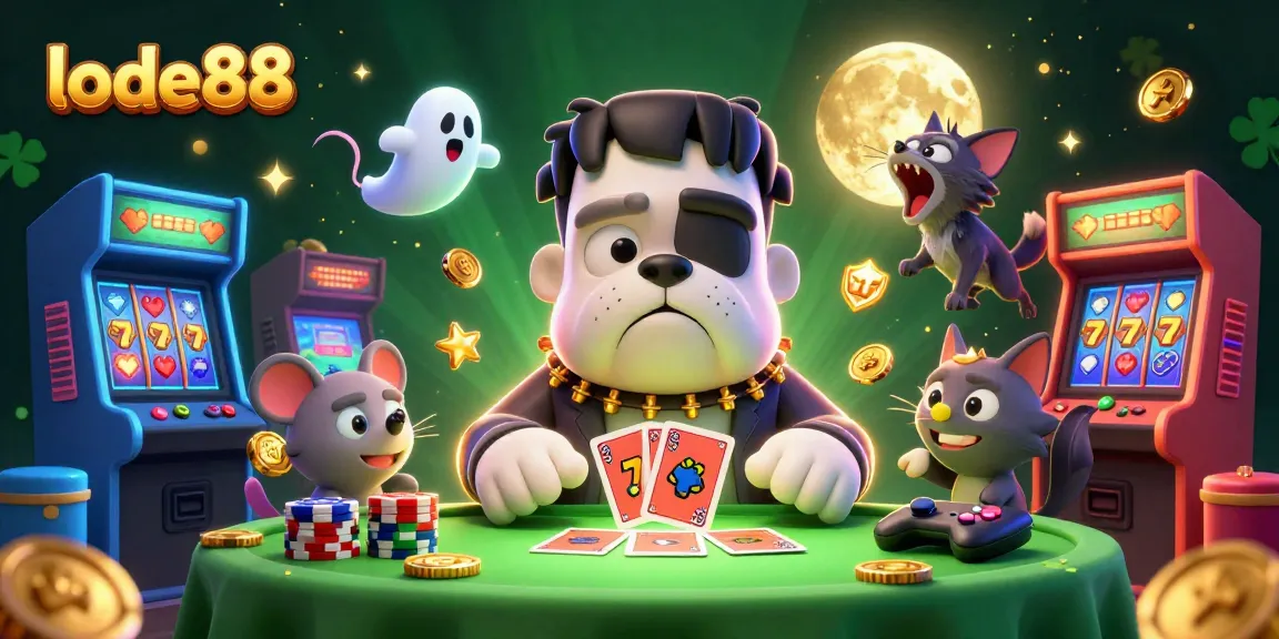 Experience thrilling gameplay with lode88 at a vibrant casino scene featuring a playful bulldog dealer and spooky elements.