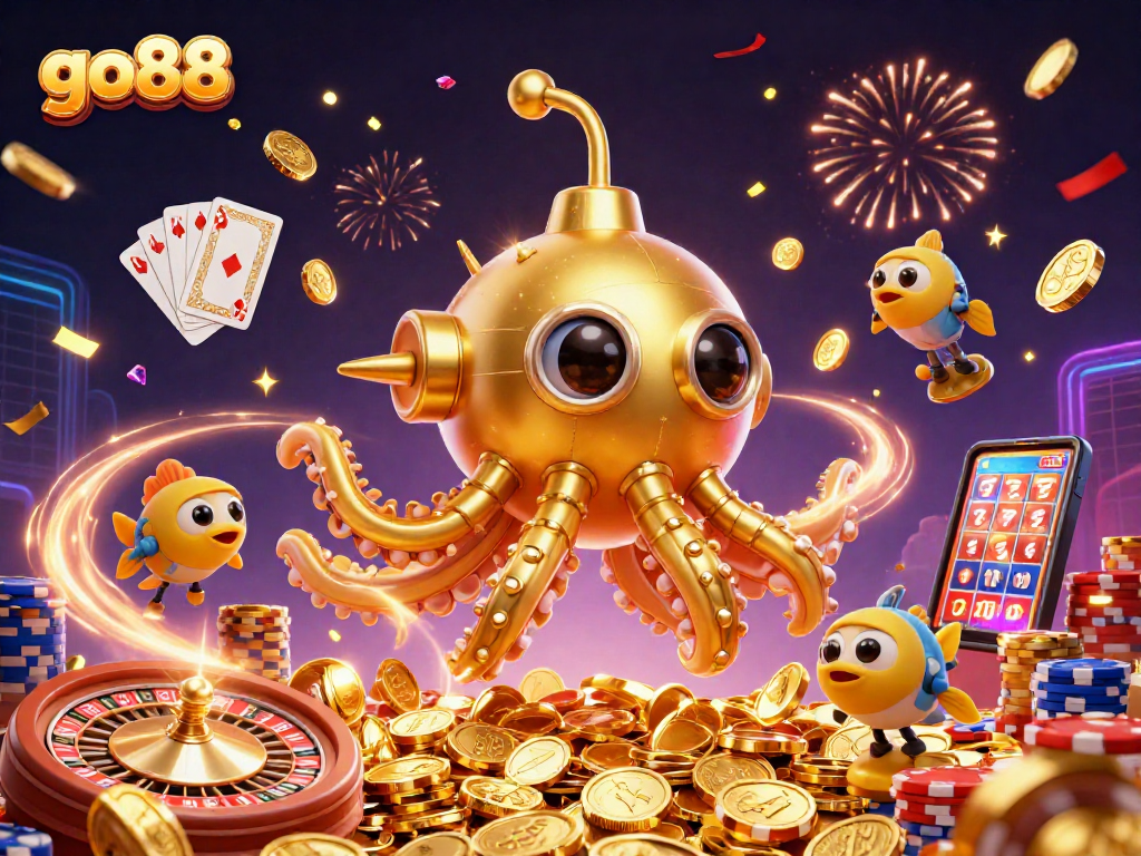 Experience thrilling gameplay at go88 with a vibrant 3D illustration showcasing a golden kraken and rich casino elements.