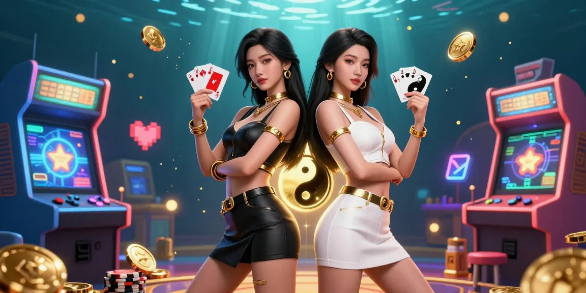 Terlibatlah dengan suasana kasino hargatoto yang vibrant menampilkan dua wanita Asia dalam pose kuat yang memegang kartu bermain yang dinamis.