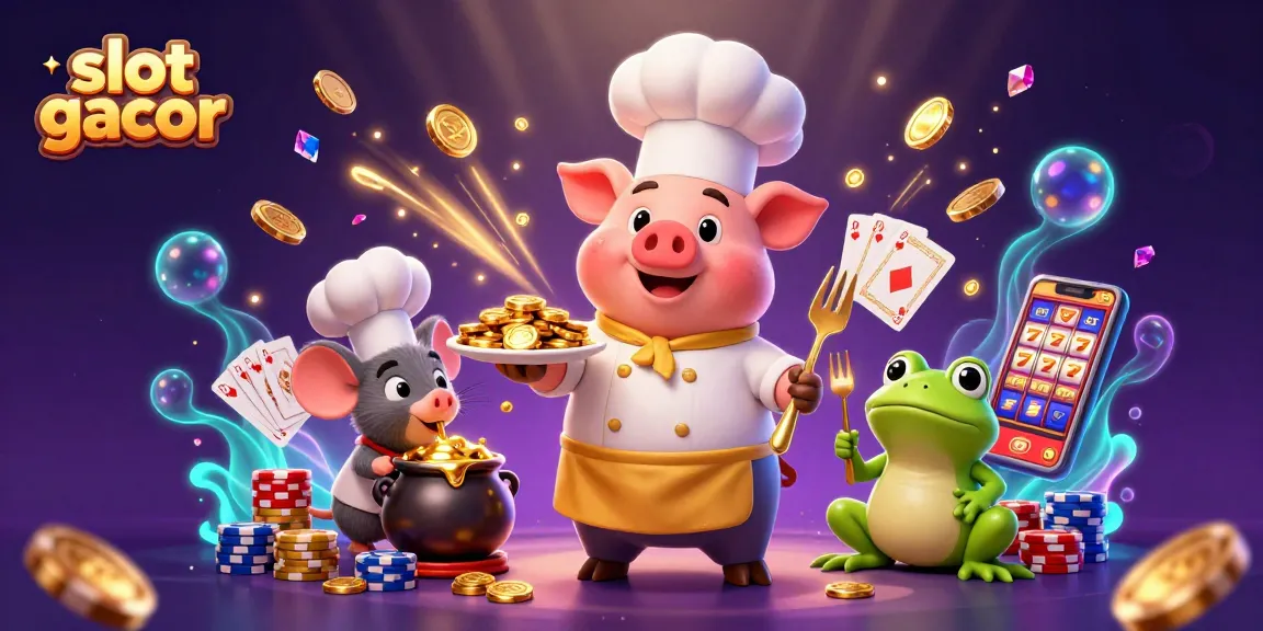 Experience the thrill of slot gacor with gourmet gold coins served by a chef pig.