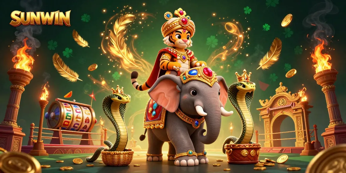 SUNWIN brings thrilling casino excitement with a cartoon maharaja riding a jewel-encrusted elephant in a vibrant gaming scene.
