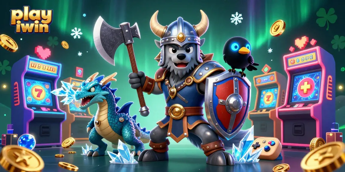 Play iwin and win with Viking warriors, dragons, and slot machines in a vibrant casino scene.