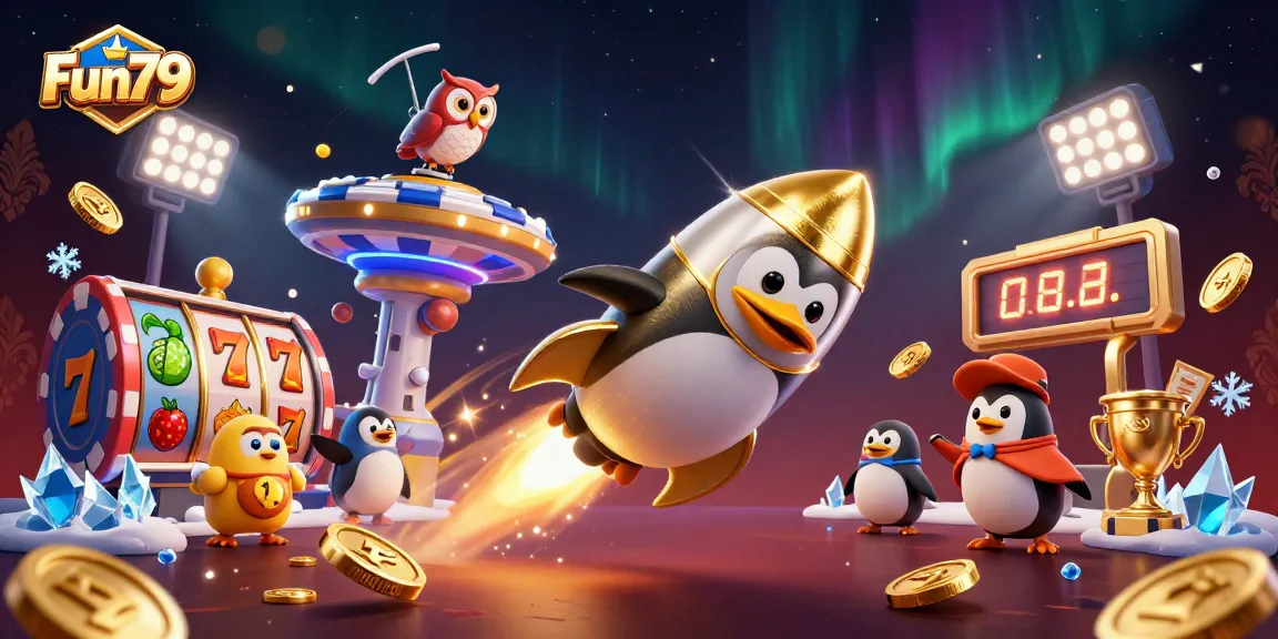 Join the Fun79 adventure with a golden penguin in a vibrant slot casino experience!