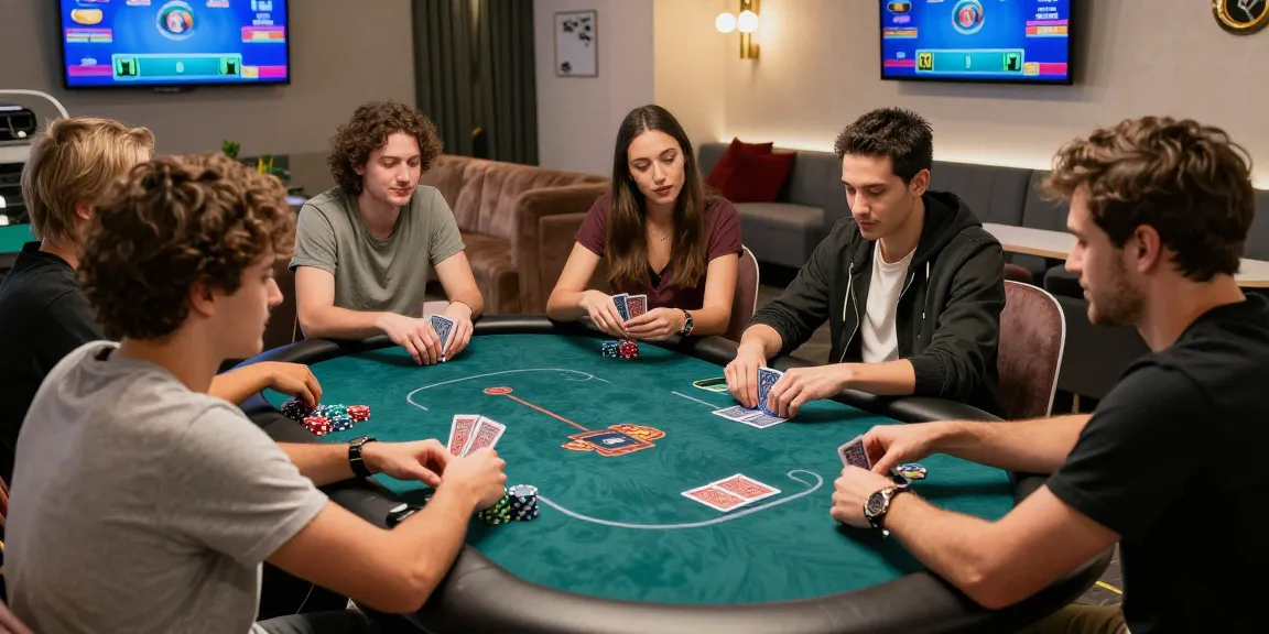 Players enjoying a game of poker on a lively screen, showcasing excitement and engagement in a vibrant lounge.