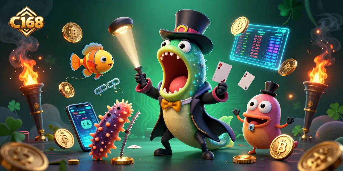 C168 features an enchanted underwater scene with bioluminescent characters performing magic tricks, showcasing a unique online casino experience.