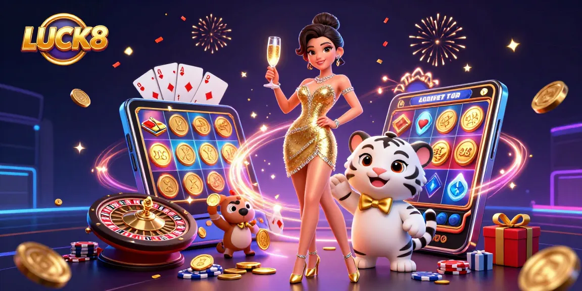 Experience winning with LUCK8 in a vibrant casino scene featuring a glamorous woman and a lucky tiger cub.