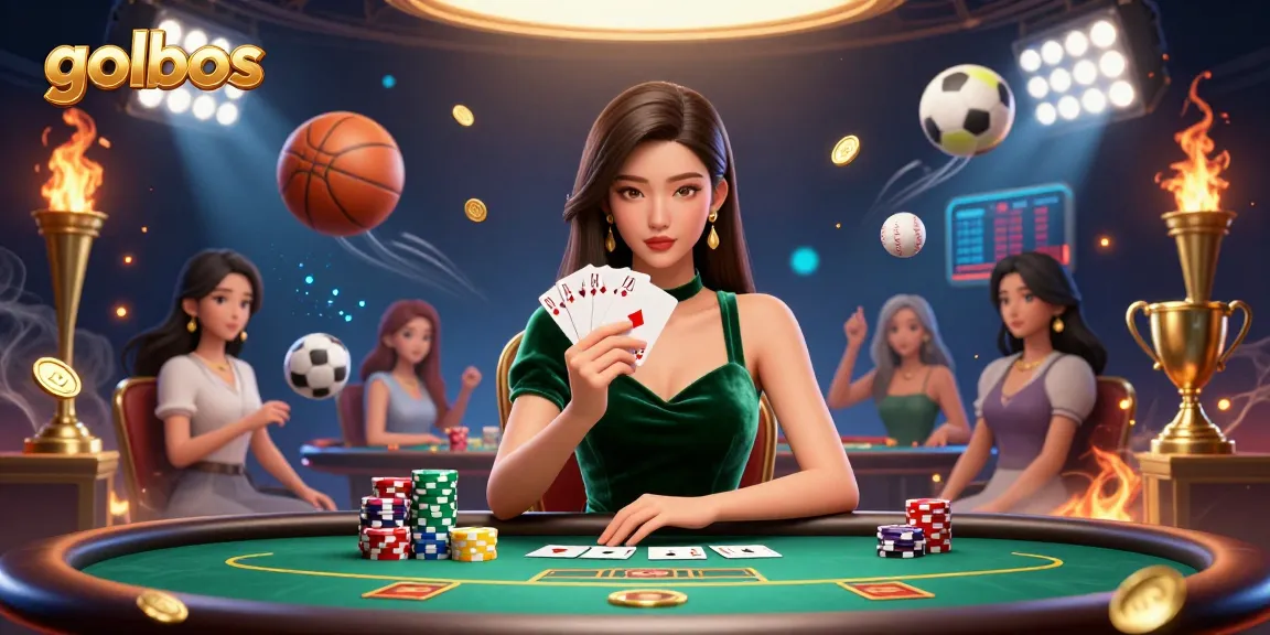 Experience exciting betting at Golbos with a strategic poker player, sports balls, and thrilling elements.