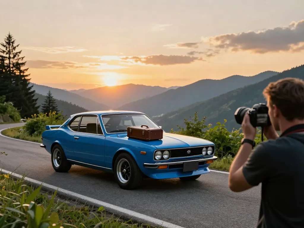 The A80 platform represented by a classic Toyota Supra A80 on a mountain road during sunset, capturing adventure.