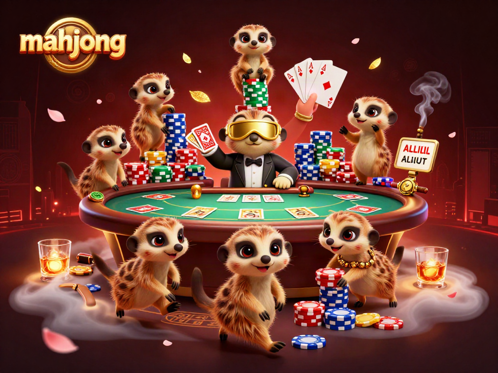 Experience mahjong gameplay with meerkats in a vibrant casino scene, showcasing chips and cards.