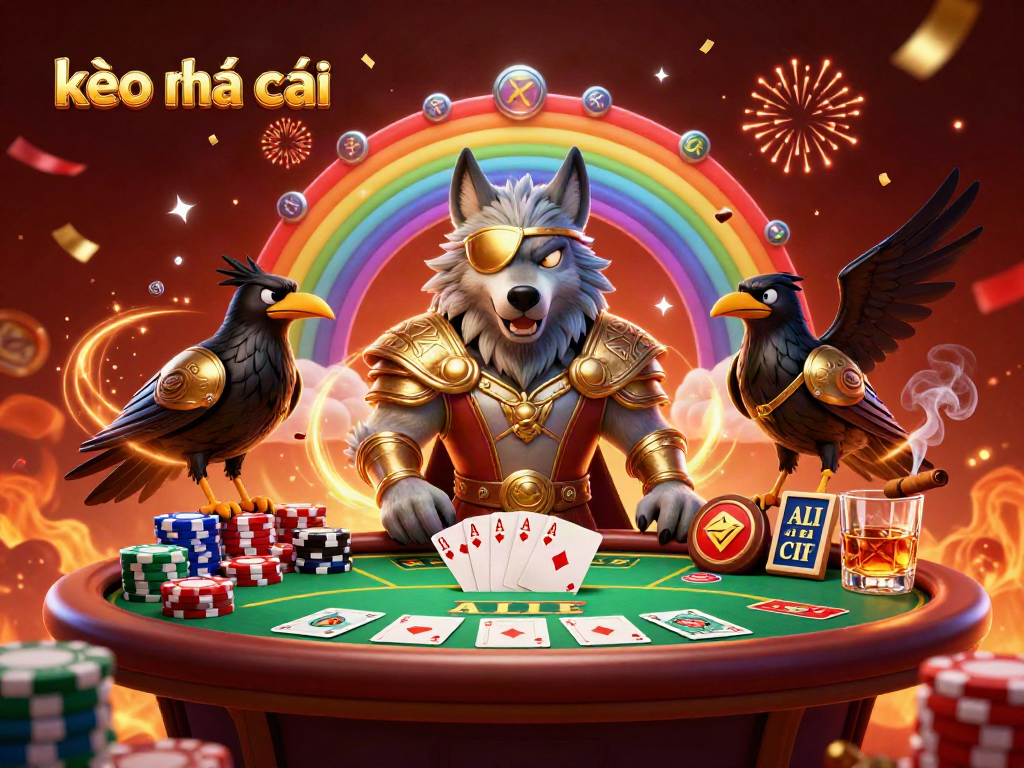 Bet on kèo nhà cái with exciting odds as a Norse wolf and ravens celebrate on a vibrant casino chip bridge.