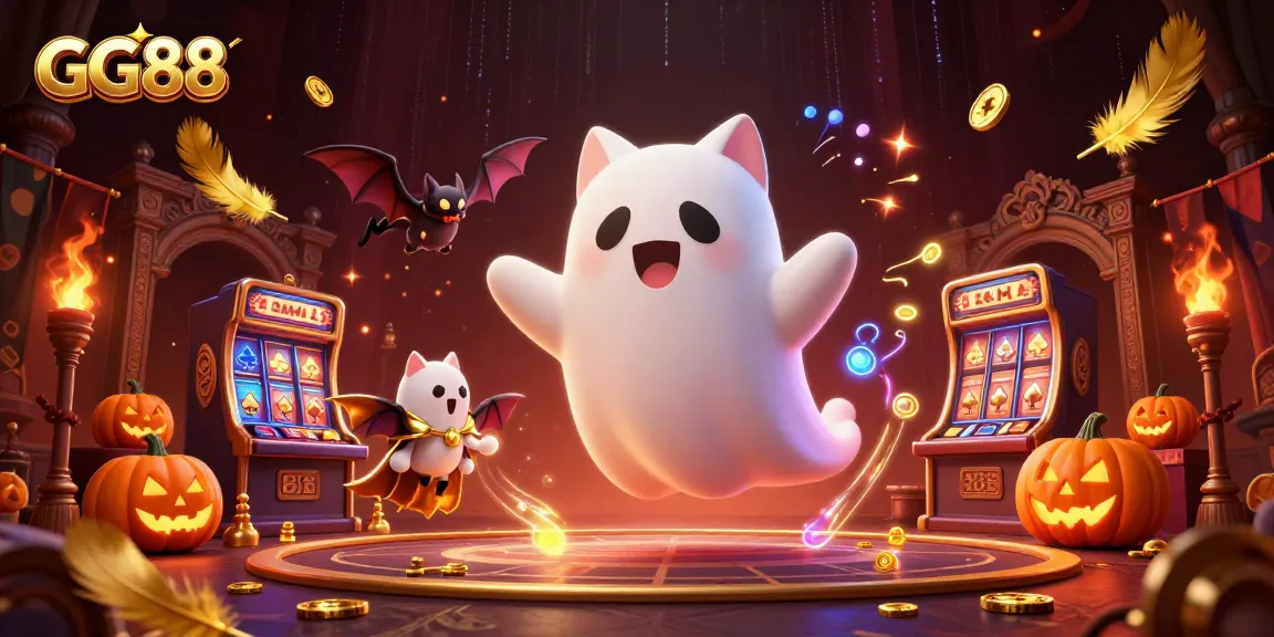GG88 features a friendly ghost cat enjoying a lively casino experience with vibrant game symbols and rich decorations.