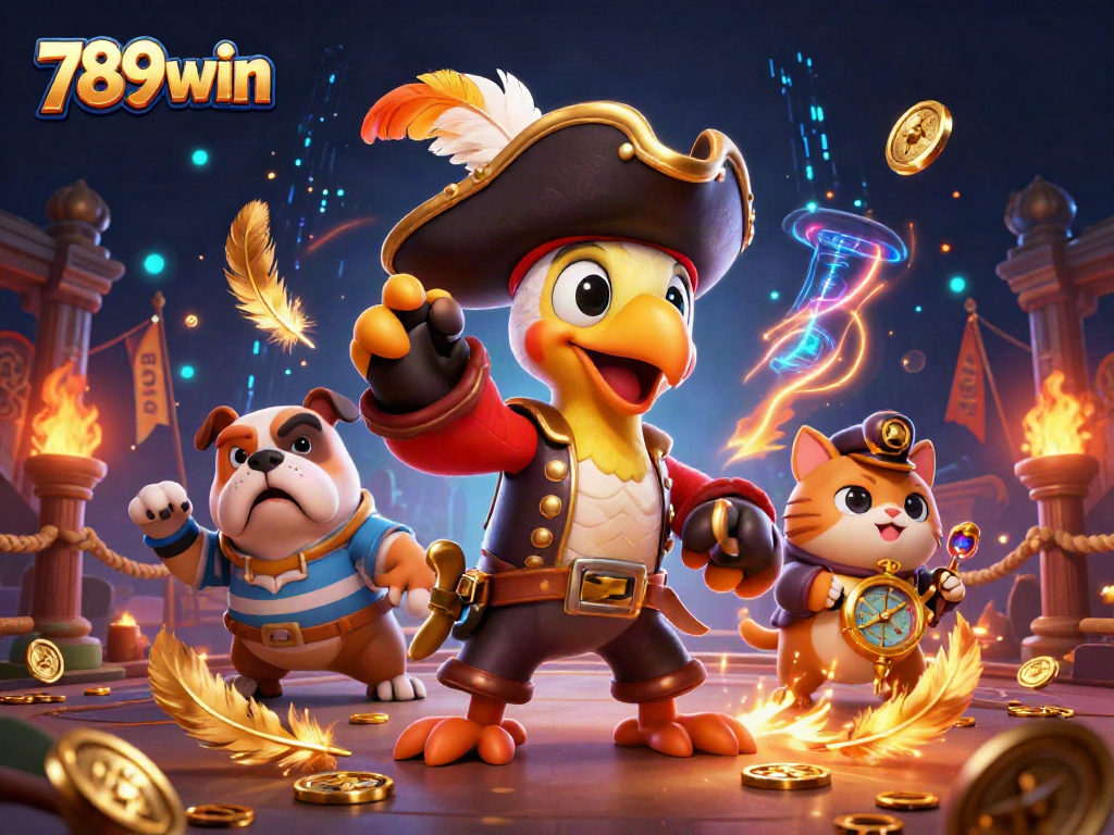 Engage with 789win's thrilling casino scene led by a pirate captain, bulldog, and cat navigator.