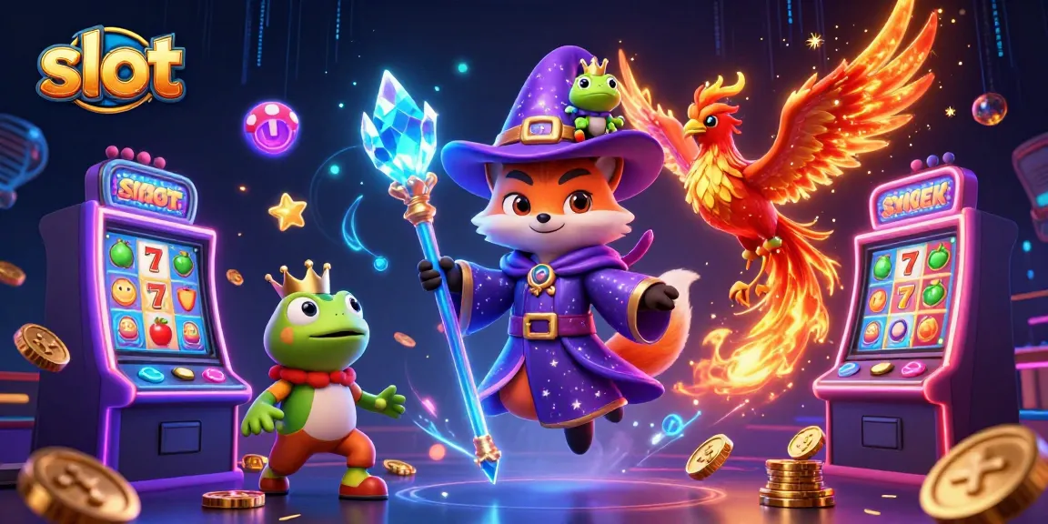 Slot menarik dengan mesin slot, simbol keberuntungan, dan karakter berenergi dalam visual magis.