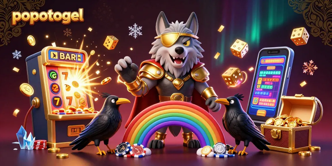 Experience the thrill of popotogel with a vibrant casino scene featuring Odin, glowing symbols, and interactive elements.