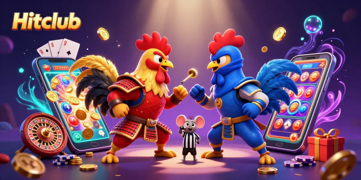 Engage with Hitclub's thrilling atmosphere featuring dynamic rooster duel amidst a vivid casino backdrop.