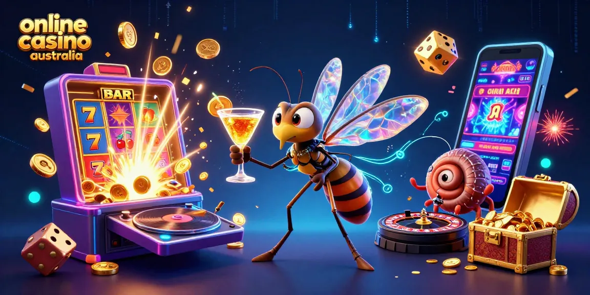 Experience the excitement of the online casino Australia with a vibrant scene featuring enticing games and characters.