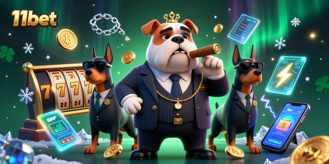 Spin the reels at 11bet with a mafia bulldog and his Doberman guards amid vibrant casino elements.