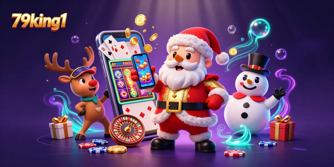 Experience the fun at 79king1 with Santa and friends spinning slots and rolling dice in a festive casino.